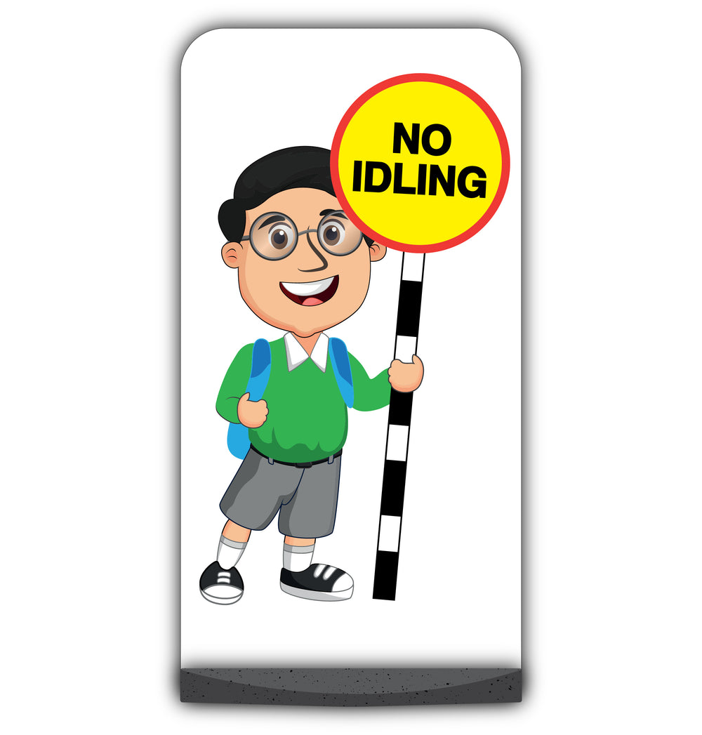 School Kid Flat Panel Pavement Sign – Liam – No Idling – Green Uniform
