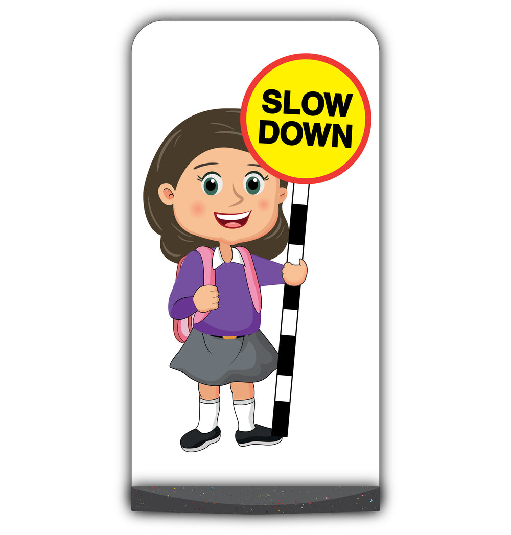 School Kid Flat Panel Pavement Sign – Mollie – Slow Down – Purple Uniform