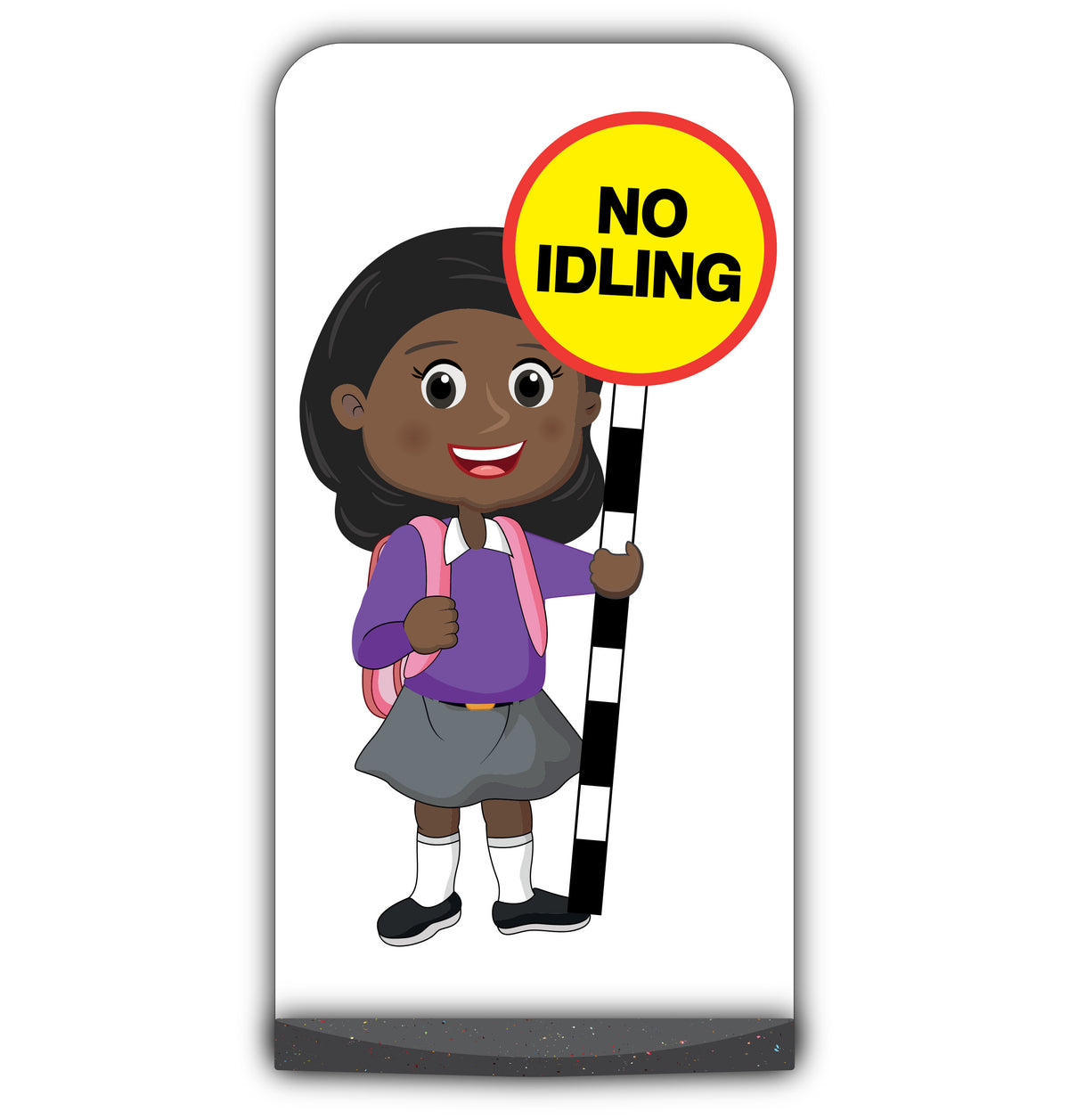 School Kid Flat Panel Pavement Sign – Naomi – No Idling – Purple Uniform