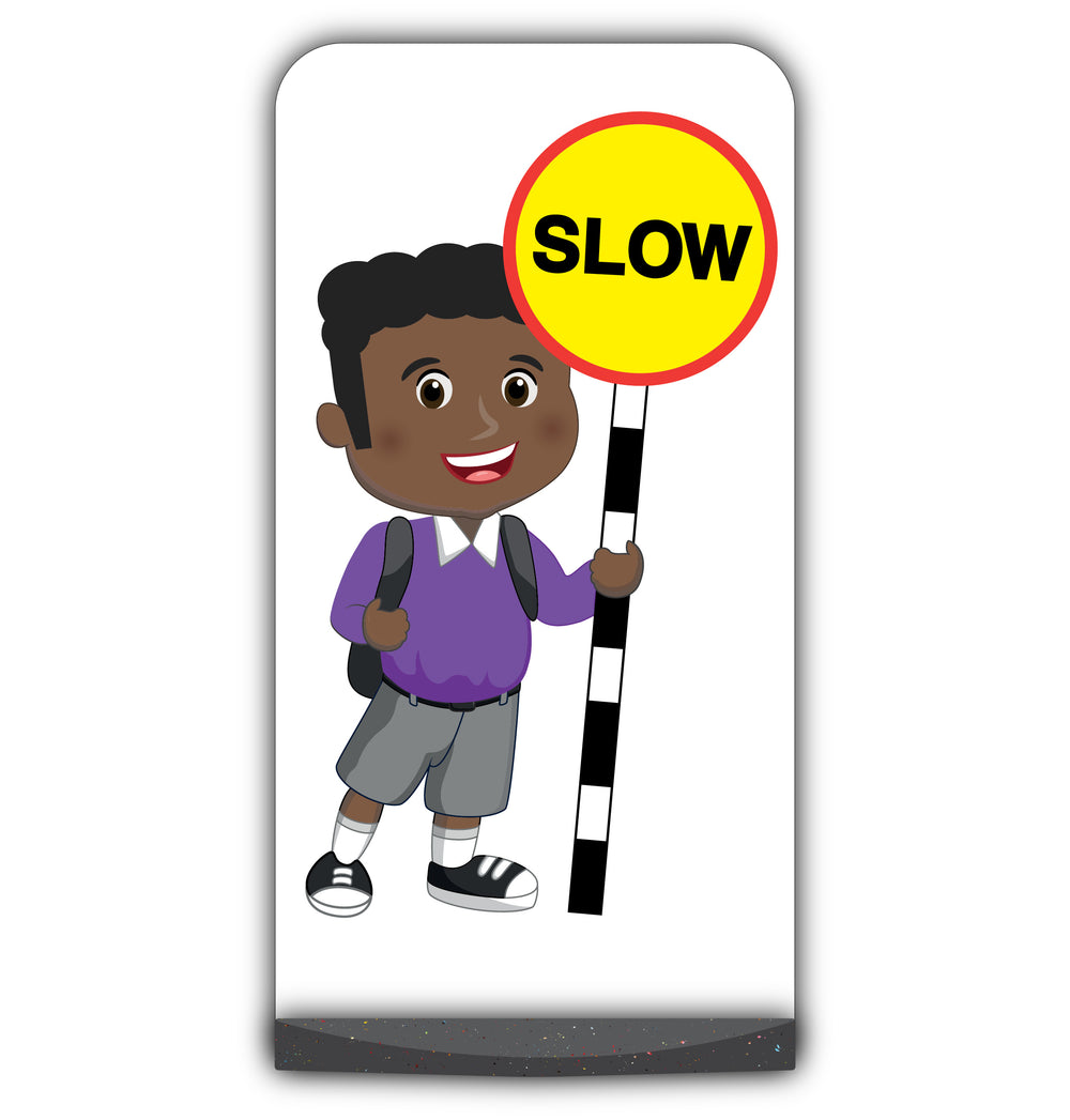 School Kid Flat Panel Pavement Sign – Toby – Slow – Purple Uniform