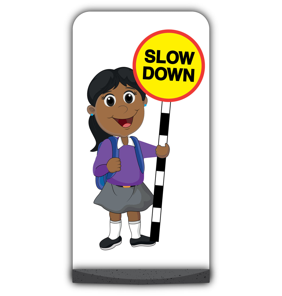 School Kid Flat Panel Pavement Sign – Ruby – Slow Down – Purple Uniform