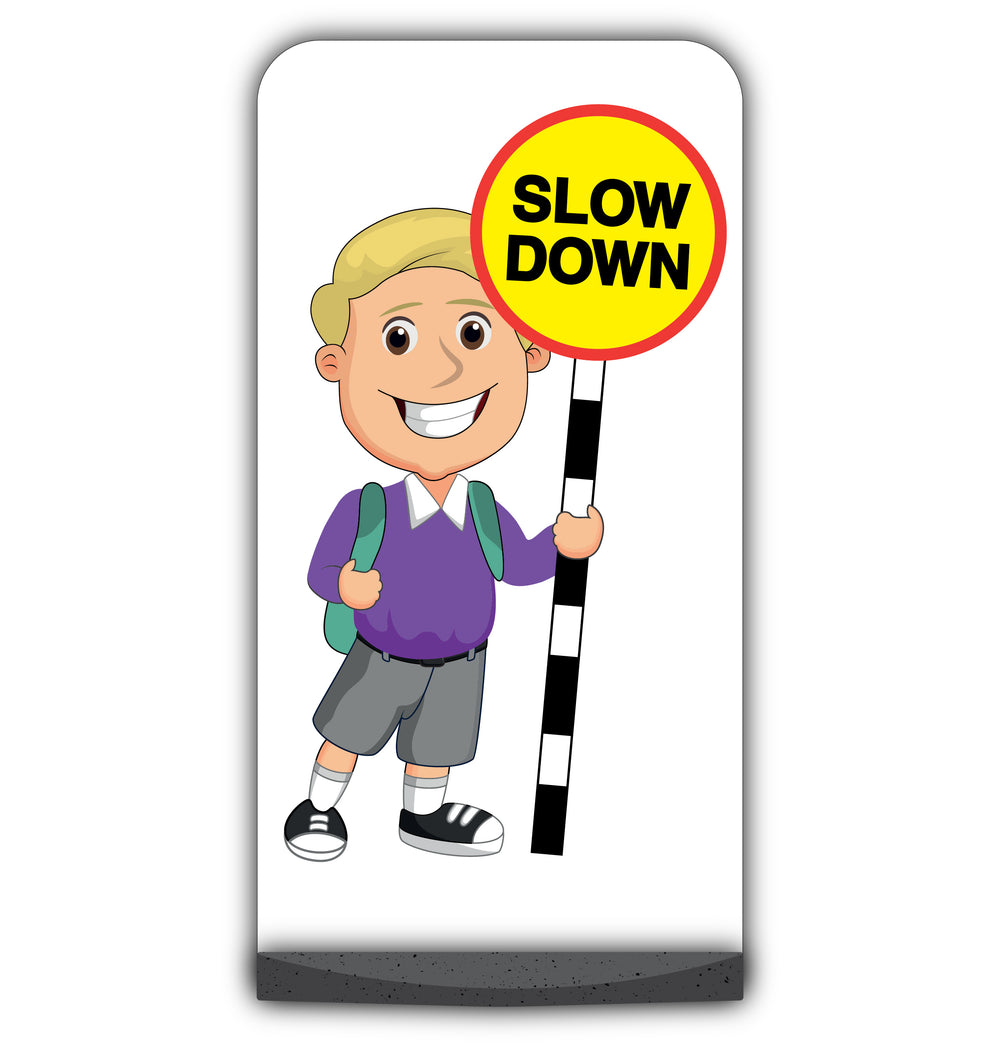 School Kid Flat Panel Pavement Sign – Finn – Slow Down – Purple Uniform