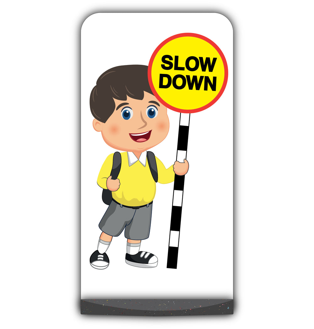 School Kid Flat Panel Pavement Sign – Charlie – Slow Down – Yellow Uniform