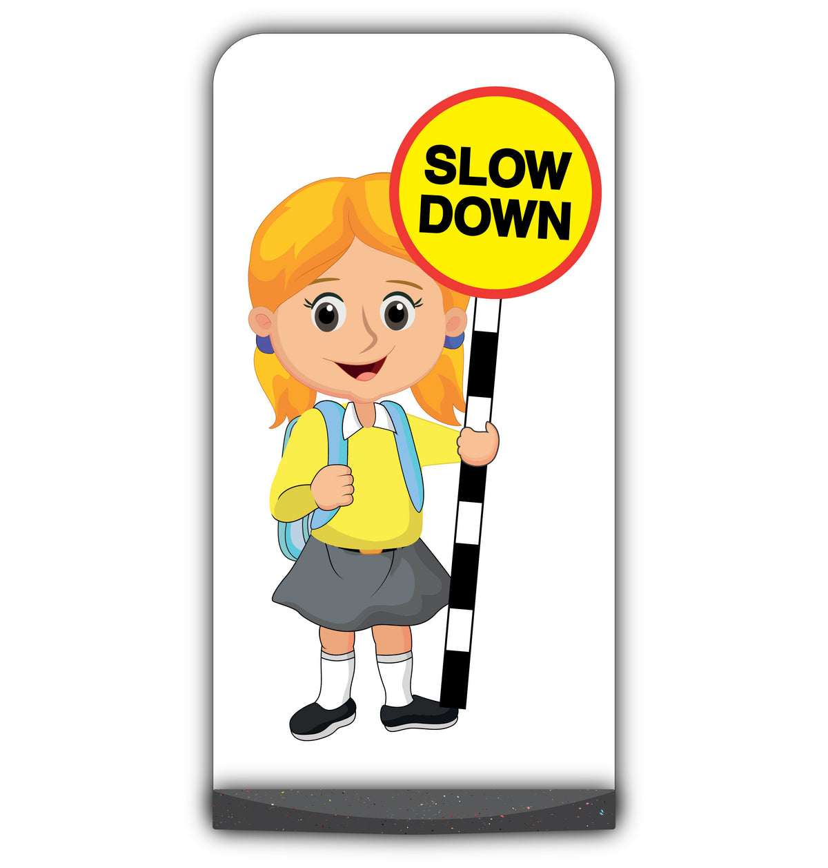 School Kid Flat Panel Pavement Sign – Jess – Slow Down – Yellow Uniform