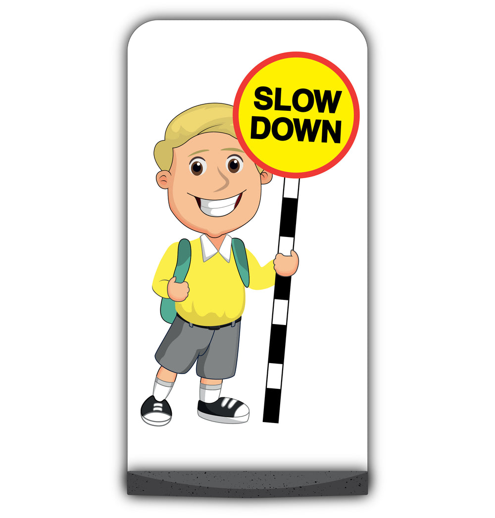 School Kid Flat Panel Pavement Sign – Finn – Slow Down – Yellow Uniform