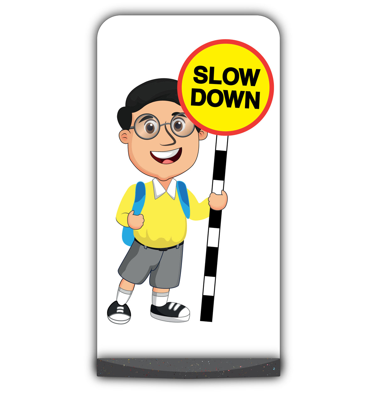 School Kid Flat Panel Pavement Sign – Liam – Slow Down – Yellow Uniform