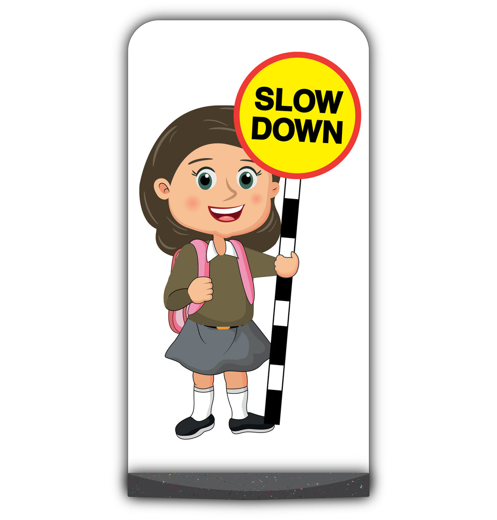 School Kid Flat Panel Pavement Sign – Mollie – Slow Down – Brown Uniform