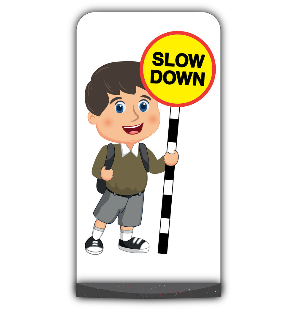 School Kid Flat Panel Pavement Sign – Charlie – Slow Down – Brown Uniform