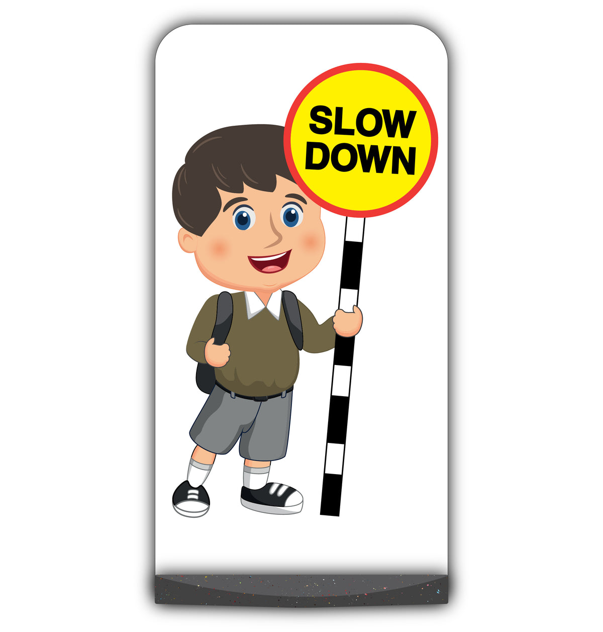 School Kid Flat Panel Pavement Sign – Charlie – Slow Down – Brown Uniform
