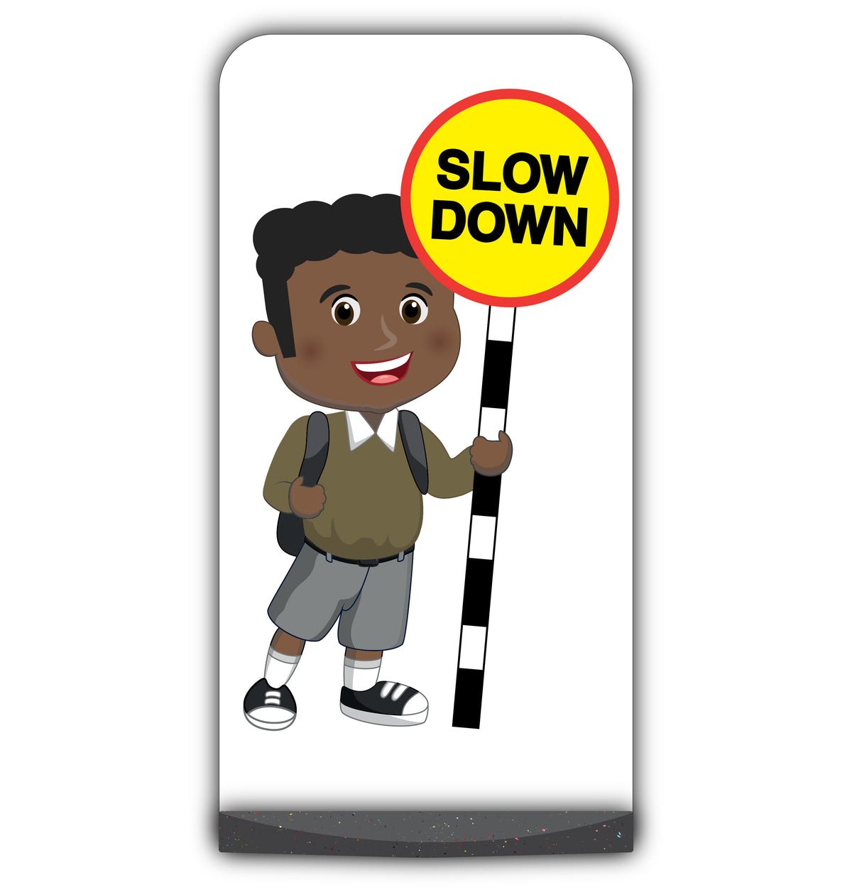 School Kid Flat Panel Pavement Sign – Toby – Slow Down – Brown Uniform