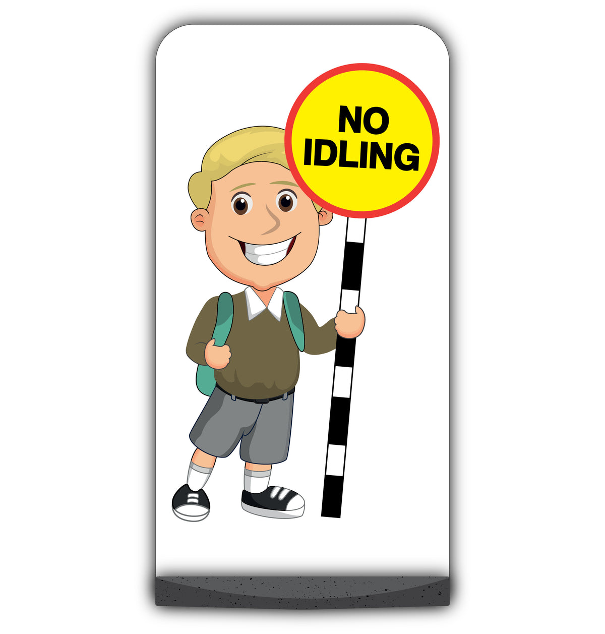 School Kid Flat Panel Pavement Sign – Finn – No Idling – Brown Uniform