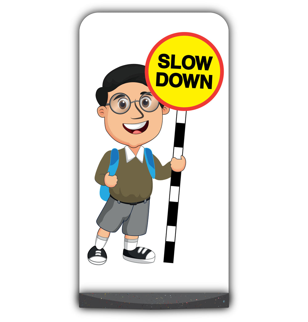 School Kid Flat Panel Pavement Sign – Liam – Slow Down – Brown Uniform