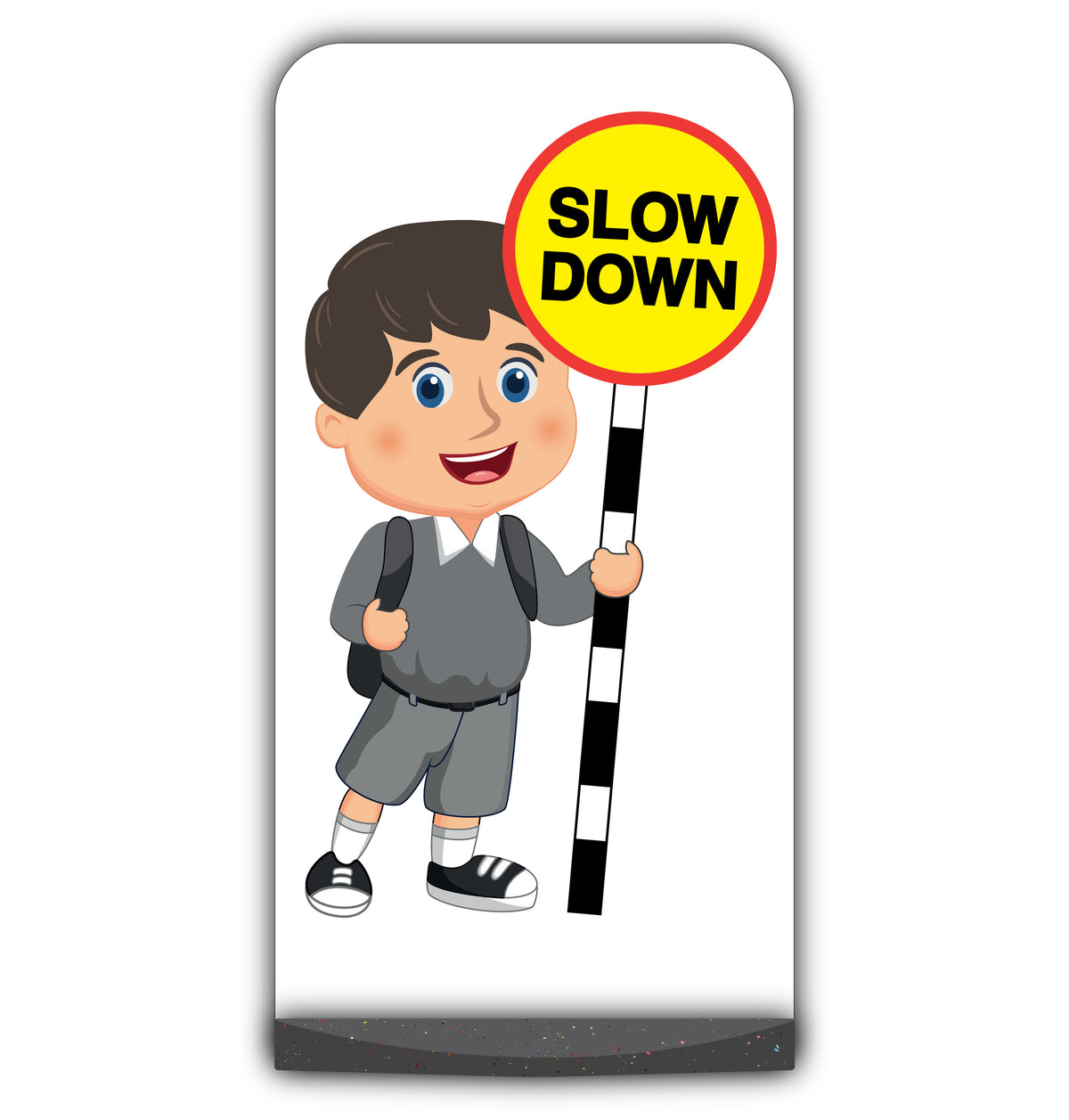School Kid Flat Panel Pavement Sign – Charlie – Slow Down – Grey Uniform
