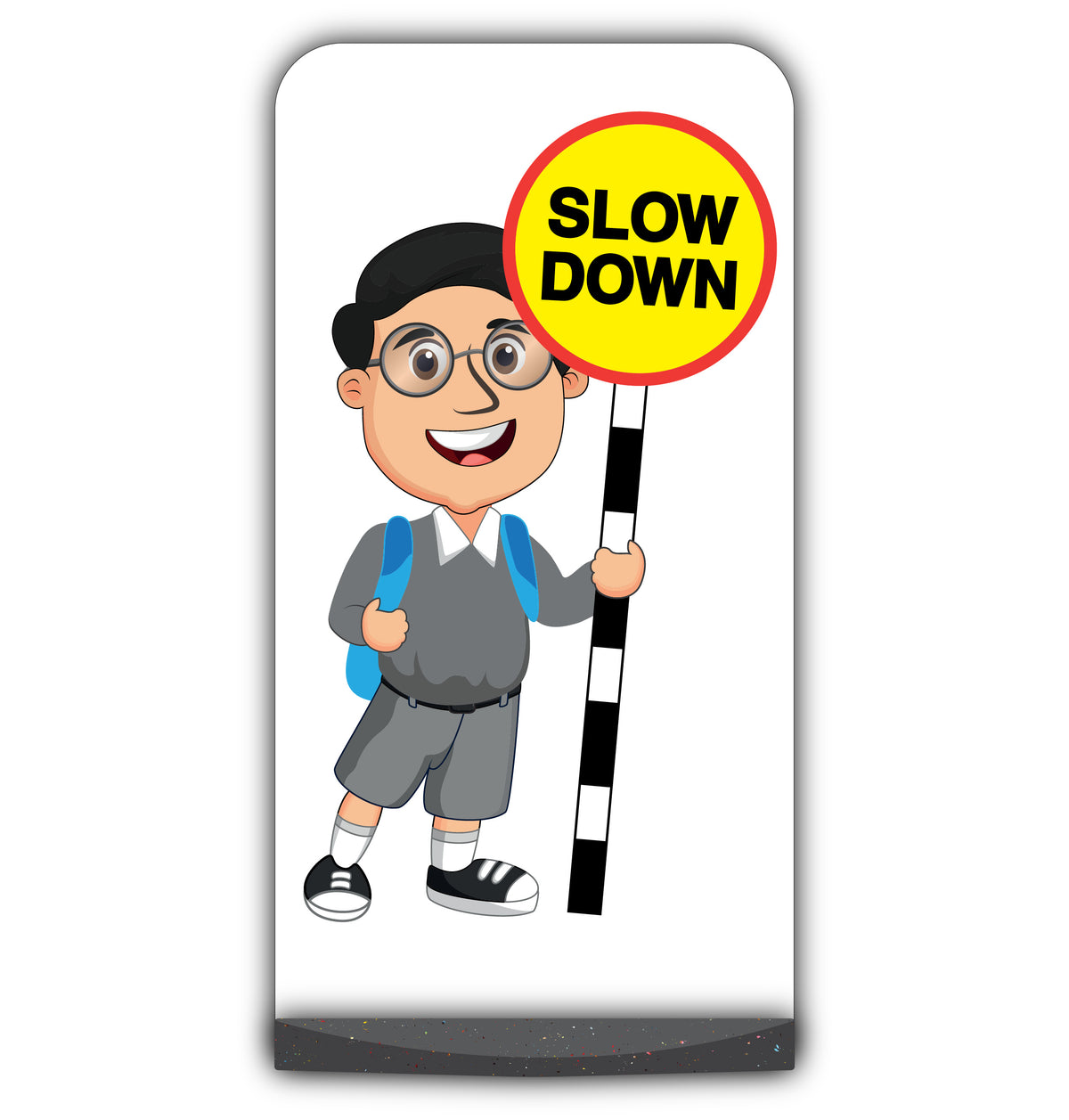 School Kid Flat Panel Pavement Sign – Liam – Slow Down – Grey Uniform