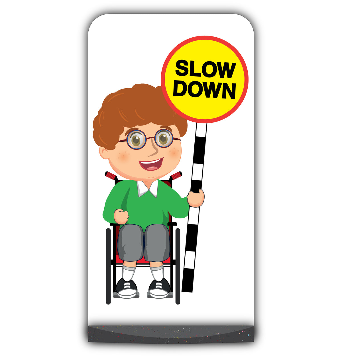 School Kid Flat Panel Pavement Sign – Ben – Slow Down – Green Uniform