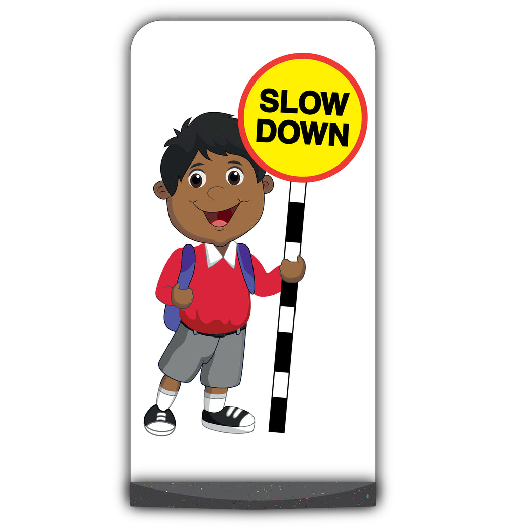 School Kid Flat Panel Pavement Sign – Kamal – Slow Down – Red Uniform