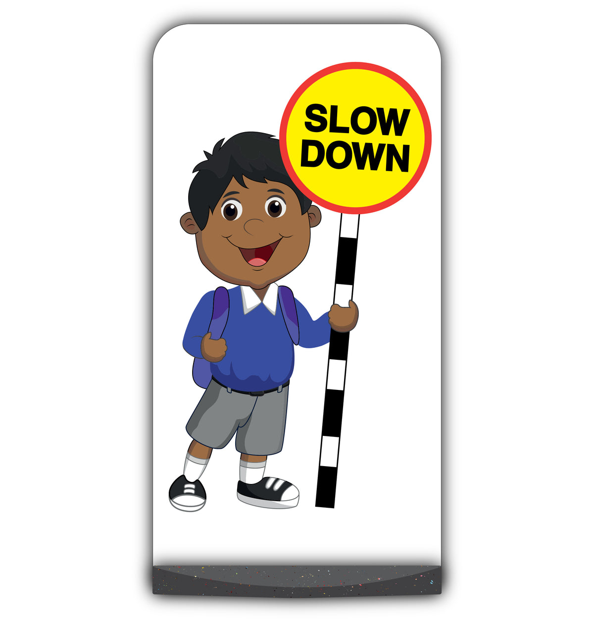 School Kid Flat Panel Pavement Sign – Kamal – Slow Down – Blue Uniform