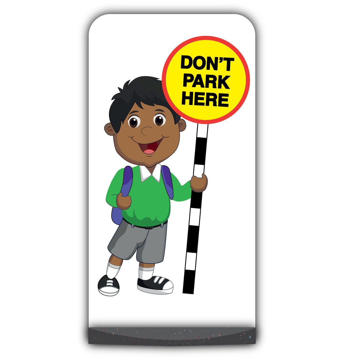 School Kid Flat Panel Pavement Sign – Kamal – Don’t Park Here – Green Uniform