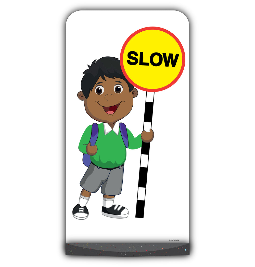 School Kid Flat Panel Pavement Sign – Kamal – Slow – Green Uniform
