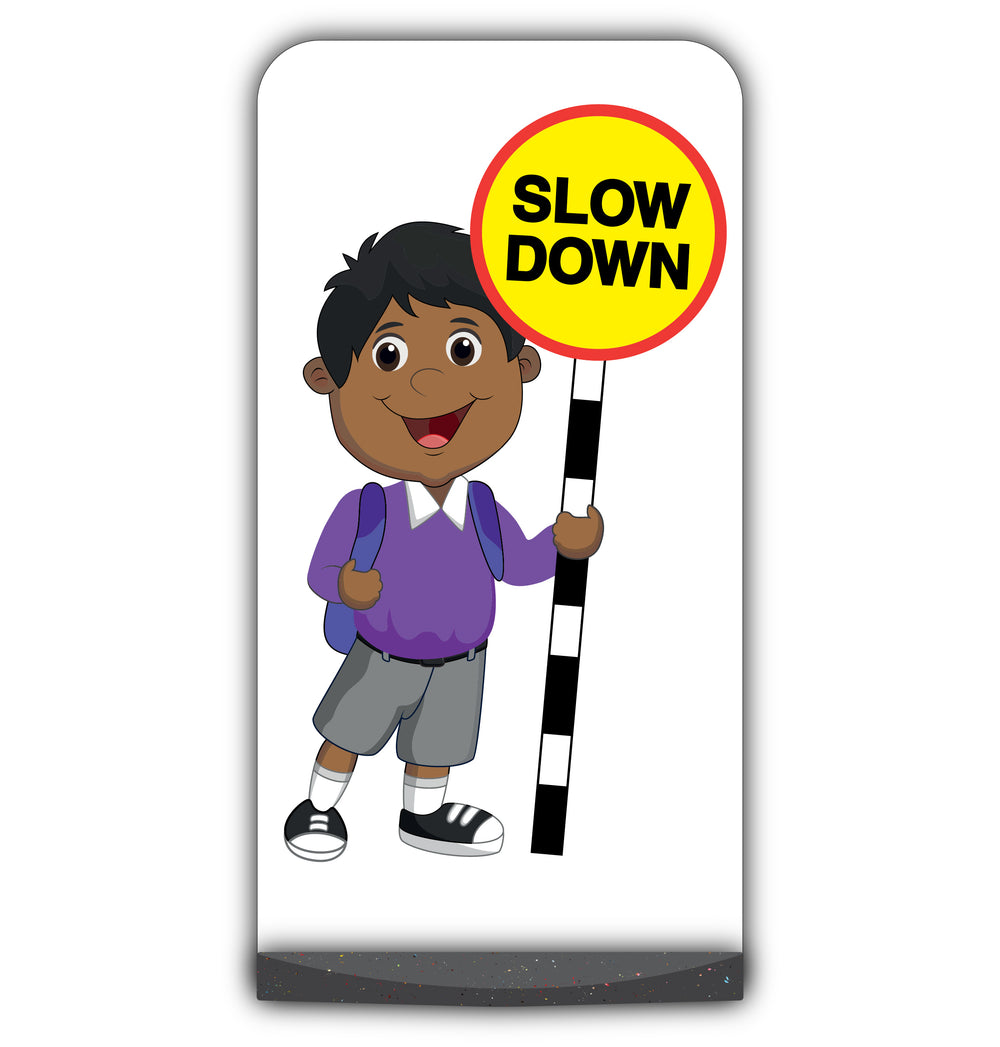 School Kid Flat Panel Pavement Sign – Kamal – Slow Down – Purple Uniform