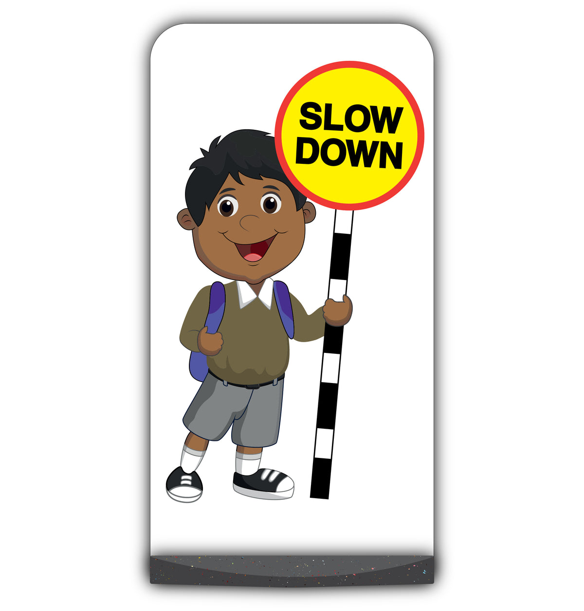 School Kid Flat Panel Pavement Sign – Kamal – Slow Down – Brown Uniform