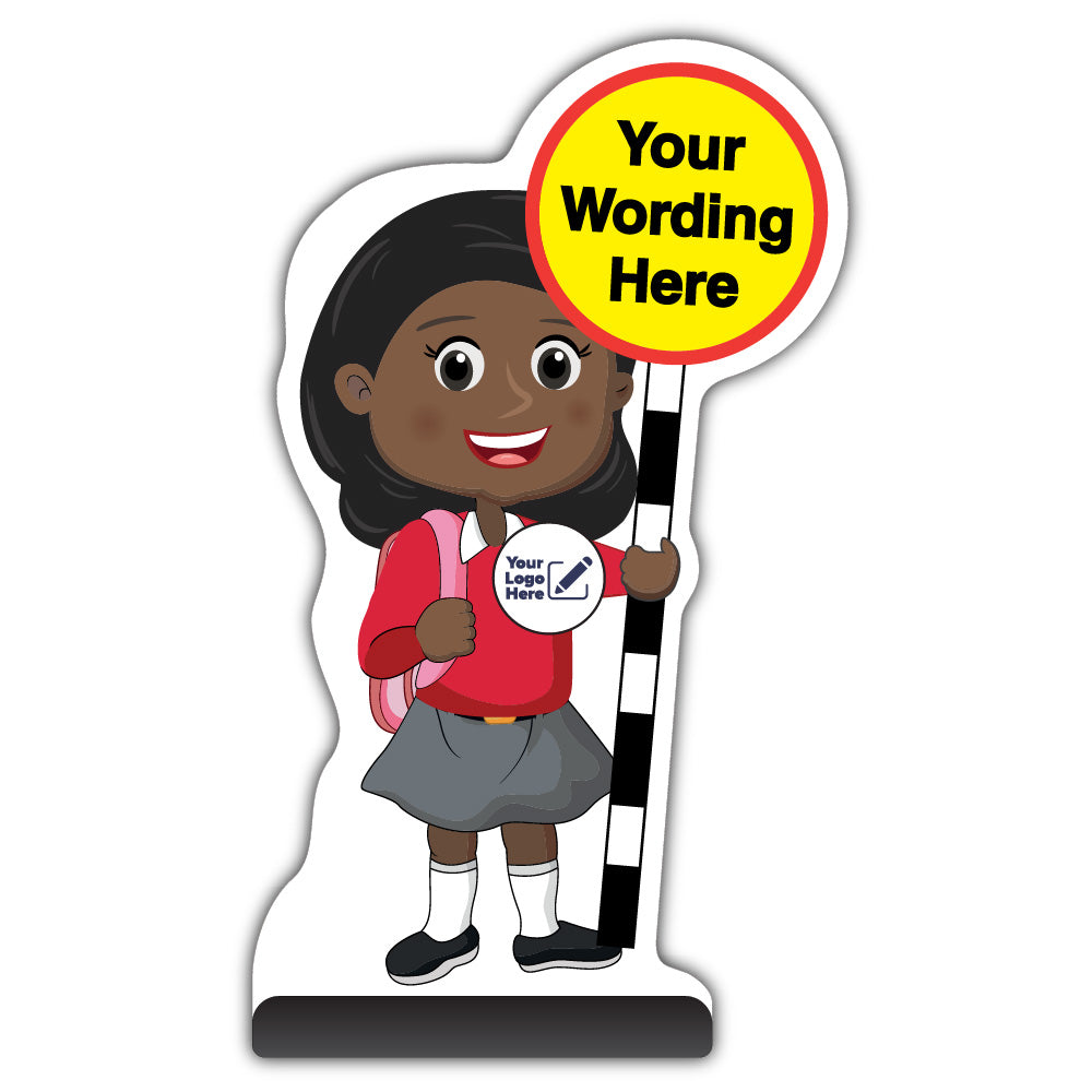Custom Kid Cut Out Pavement Sign – Naomi – Red Uniform – Add Your Logo