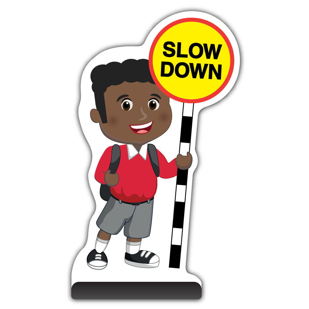 School Kid Cut Out Pavement Sign – Toby – Slow Down – Red Uniform