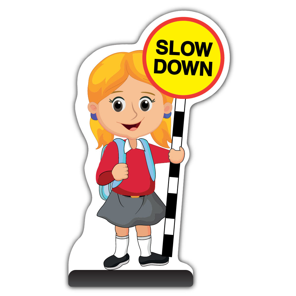 School Kid Cut Out Pavement Sign – Jess – Slow Down – Red Uniform