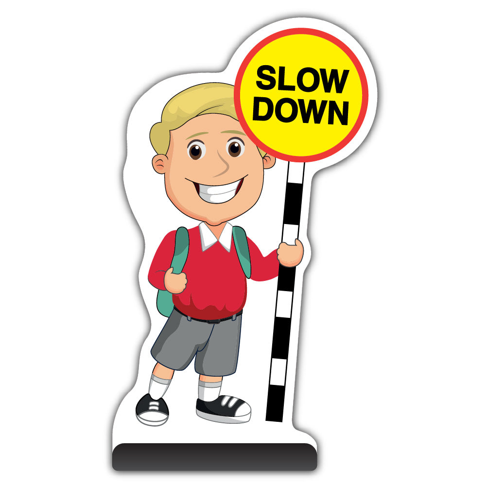 School Kid Cut Out Pavement Sign – Finn – Slow Down – Red Uniform