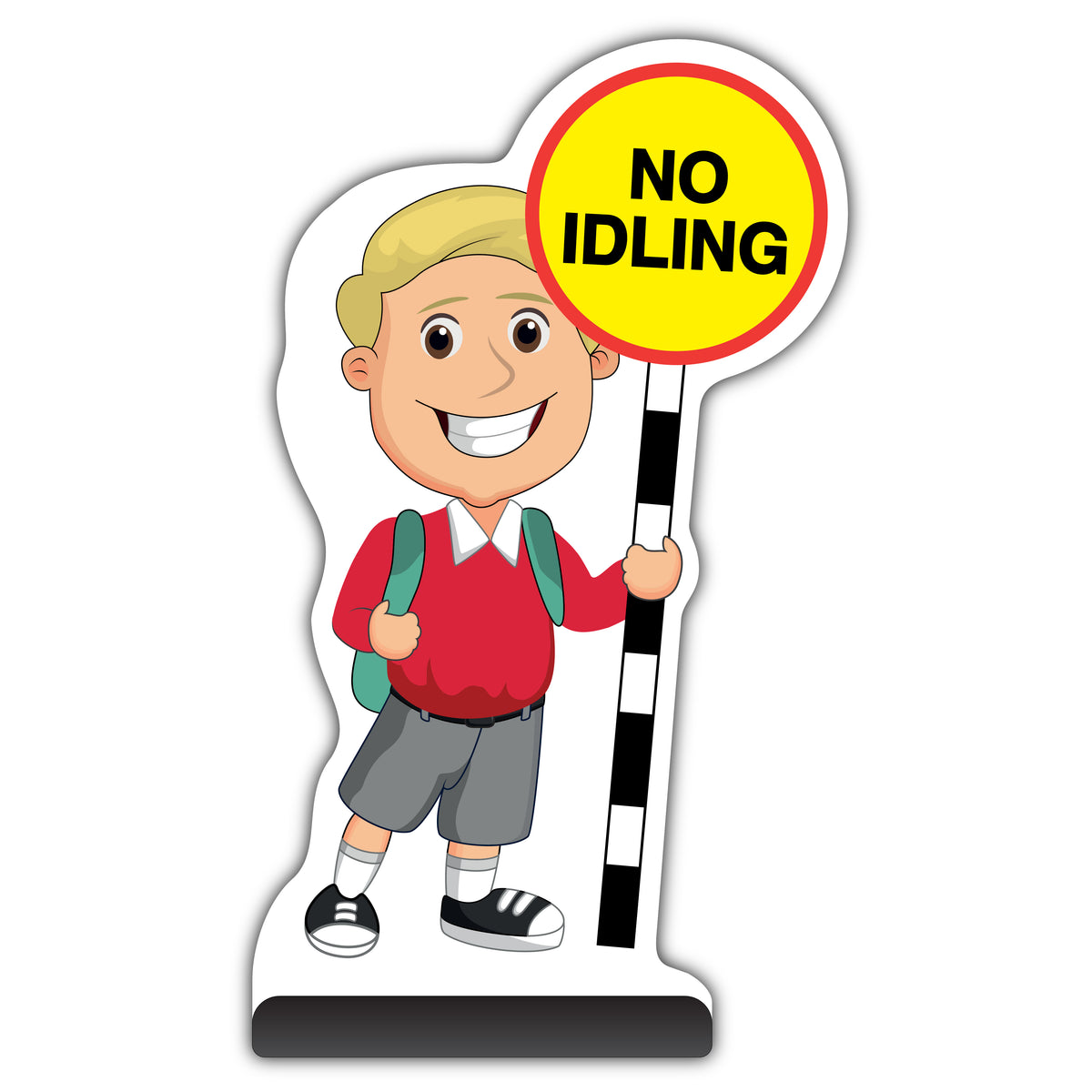School Kid Cut Out Pavement Sign – Finn – No Idling – Red Uniform