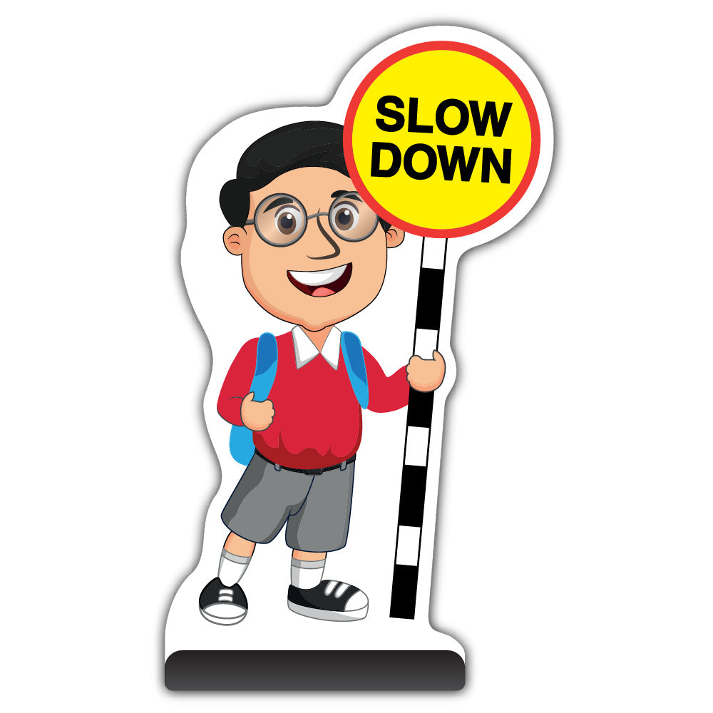 School Kid Cut Out Pavement Sign – Liam – Slow Down – Red Uniform