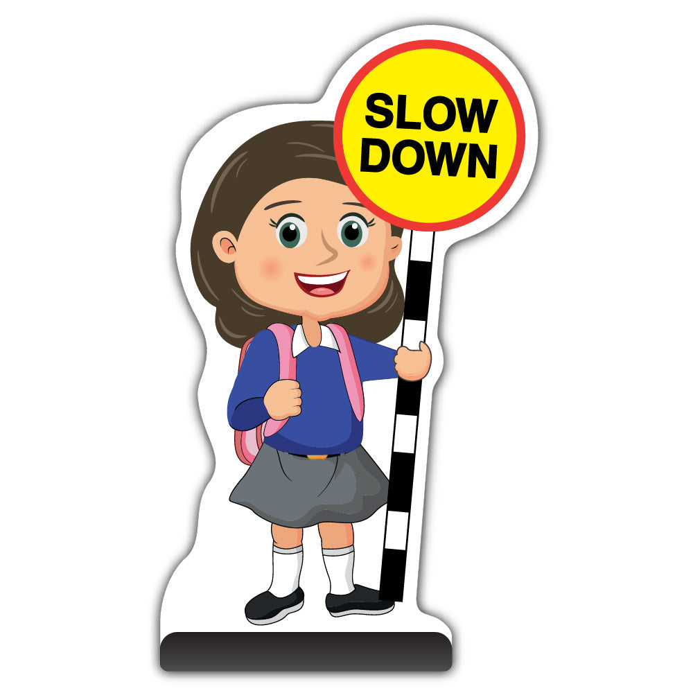 School Kid Cut Out Pavement Sign – Mollie – Slow Down – Blue Uniform
