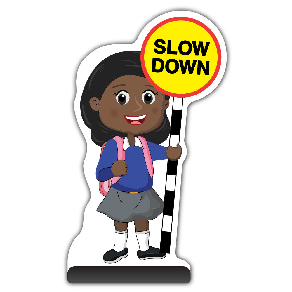 School Kid Cut Out Pavement Sign – Naomi – Slow Down – Blue Uniform