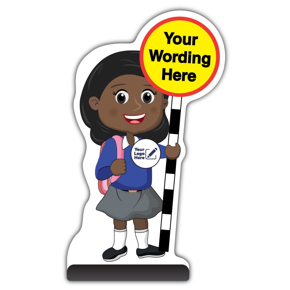 Custom Kid Cut Out Pavement Sign – Naomi – Blue Uniform – Add Your Logo