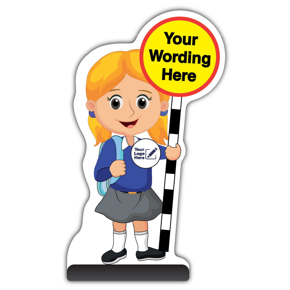 Custom Kid Cut Out Pavement Sign – Jess – Blue Uniform – Add Your Logo