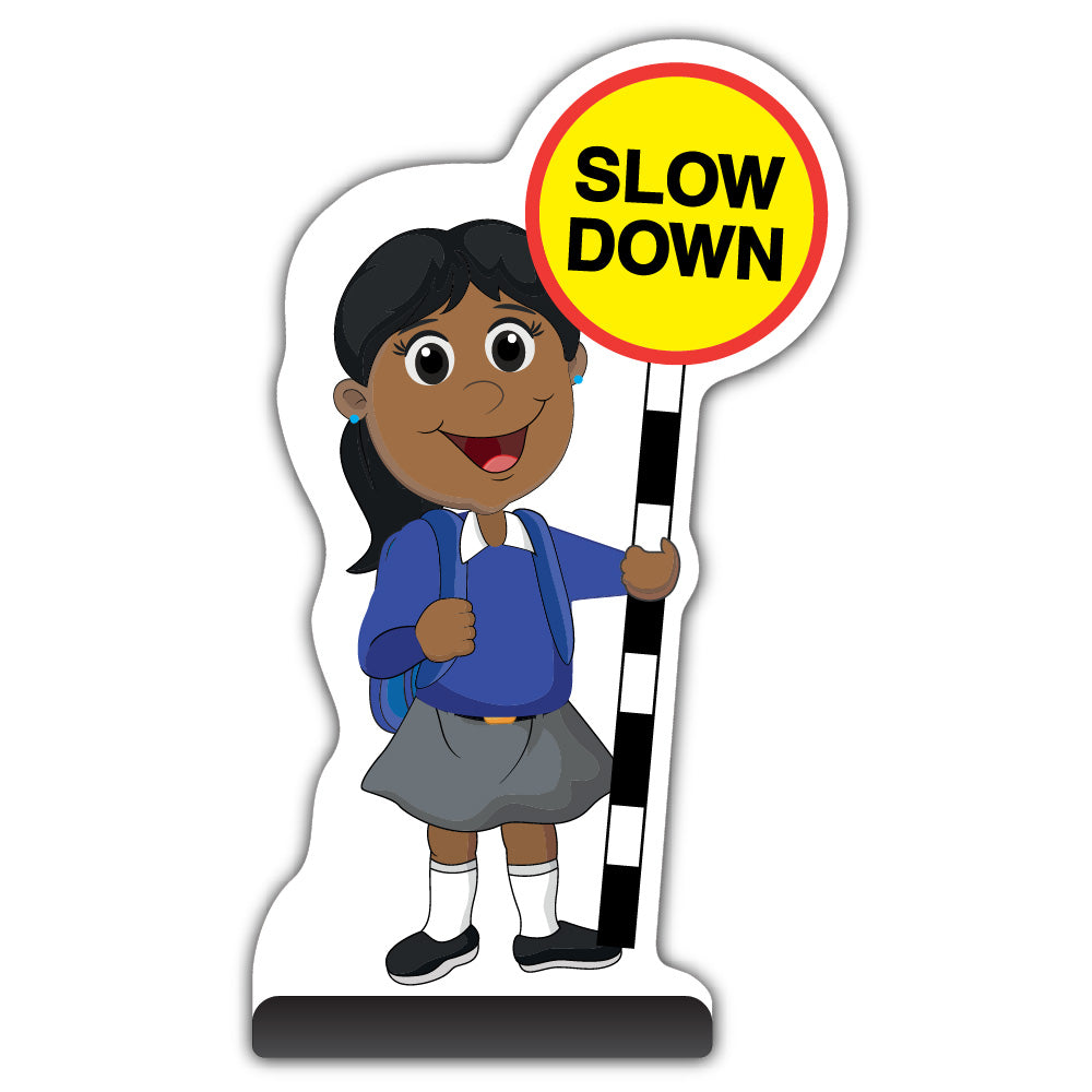School Kid Cut Out Pavement Sign – Ruby – Slow Down – Blue Uniform