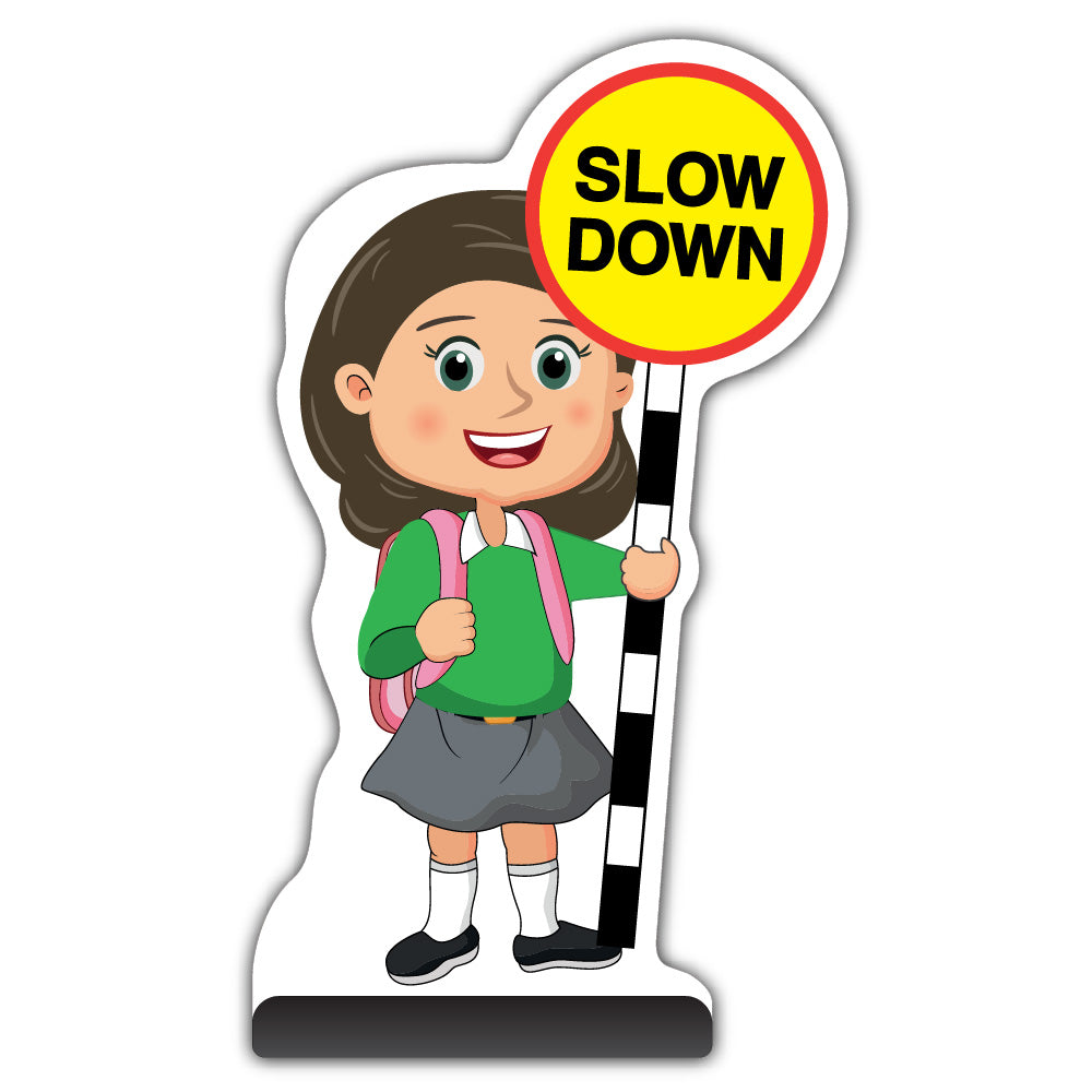 School Kid Cut Out Pavement Sign – Mollie – Slow Down – Green Uniform