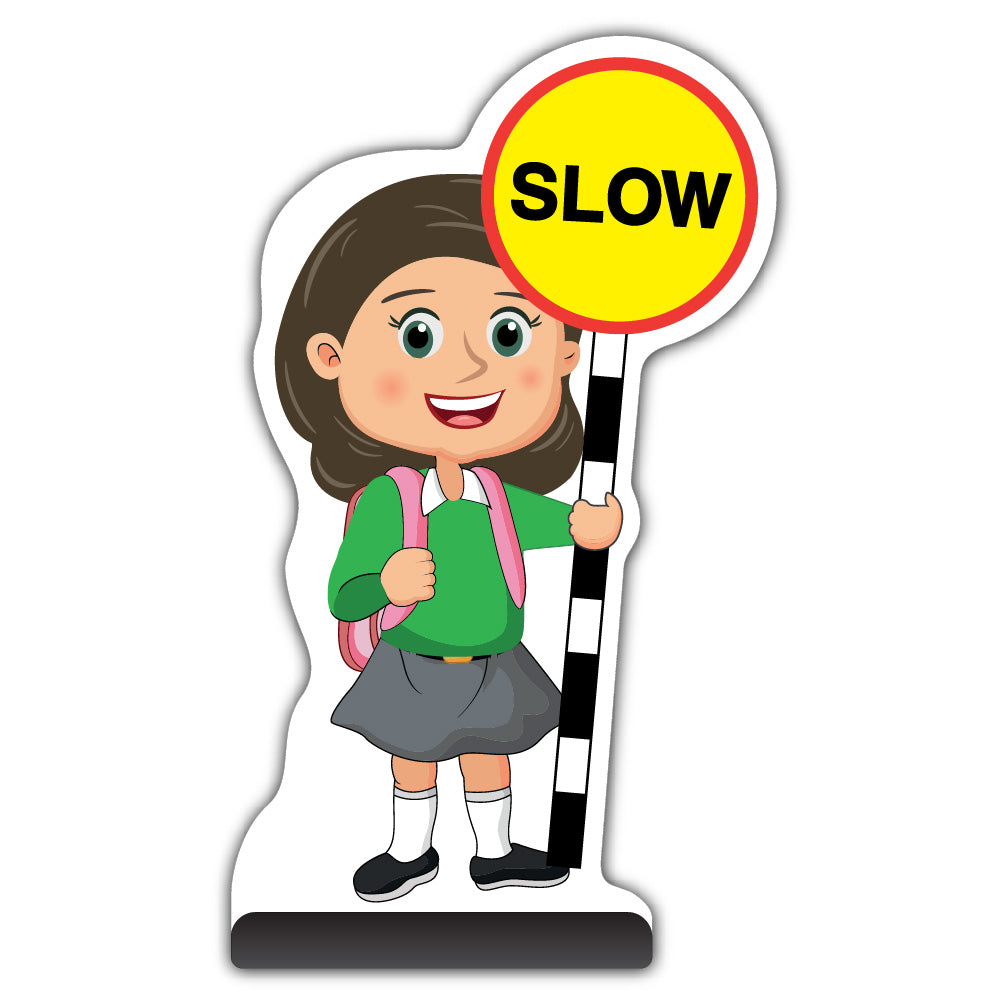 School Kid Cut Out Pavement Sign – Mollie – Slow – Green Uniform