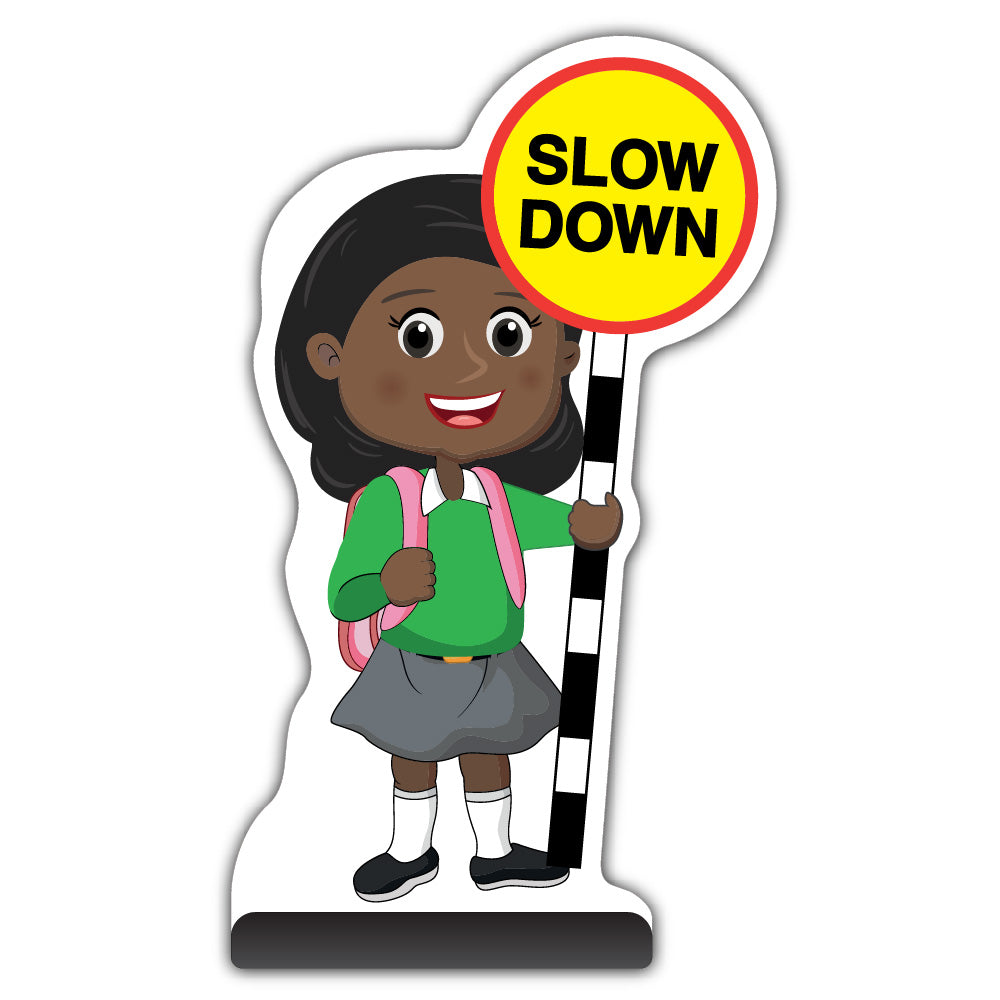 School Kid Cut Out Pavement Sign – Naomi – Slow Down – Green Uniform
