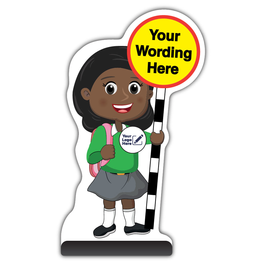 Custom Kid Cut Out Pavement Sign – Naomi – Green Uniform – Add Your Logo