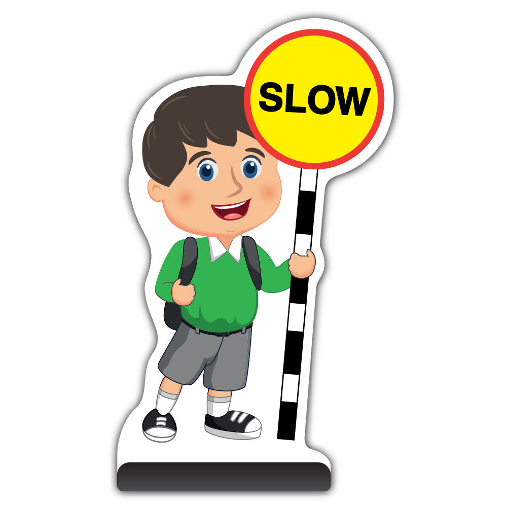 School Kid Cut Out Pavement Sign – Charlie – Slow – Green Uniform