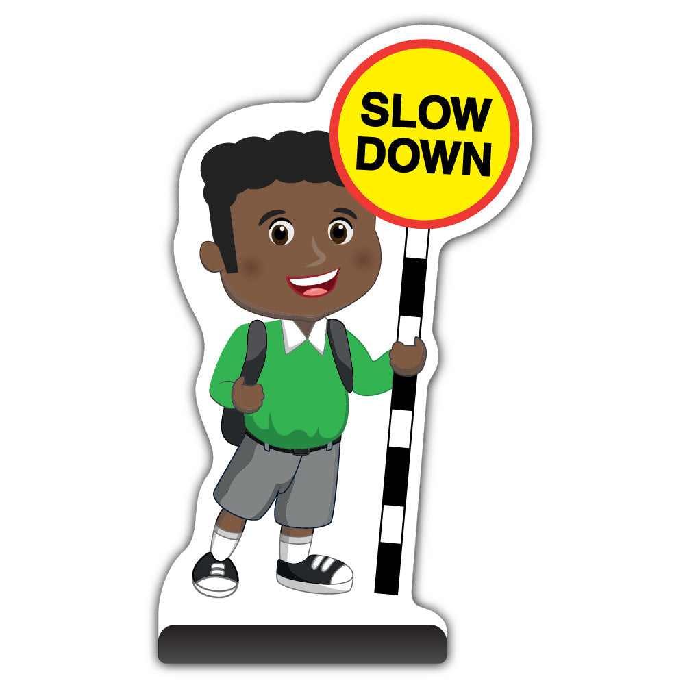 School Kid Cut Out Pavement Sign – Toby – Slow Down – Green Uniform