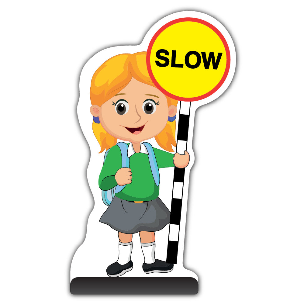 School Kid Cut Out Pavement Sign – Jess – Slow – Green Uniform
