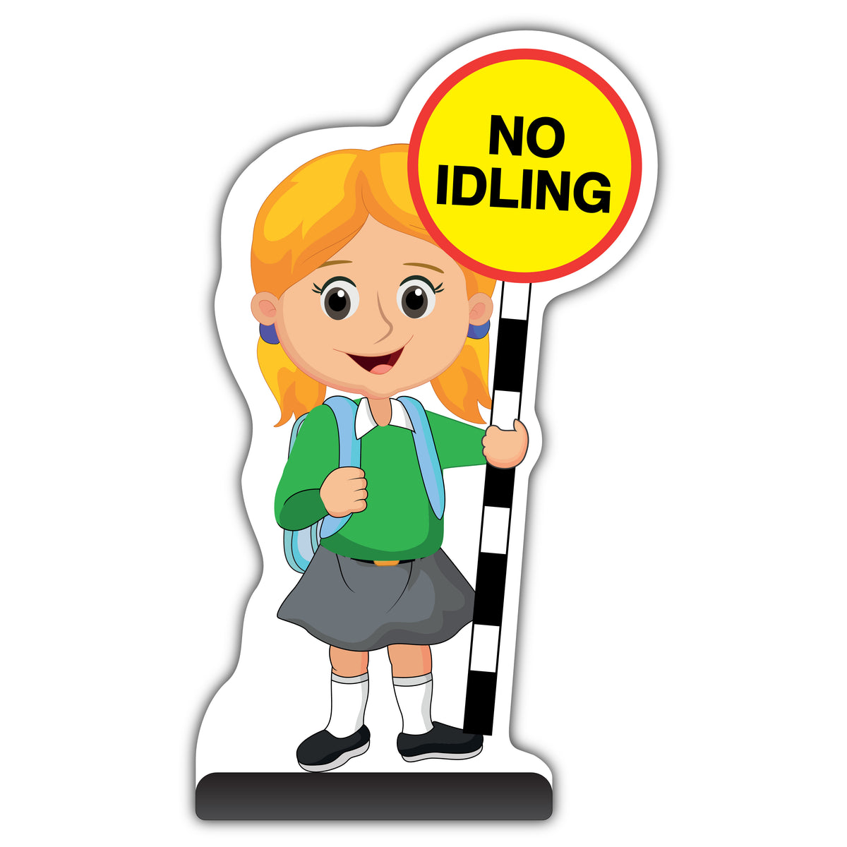 School Kid Cut Out Pavement Sign – Jess – No Idling – Green Uniform