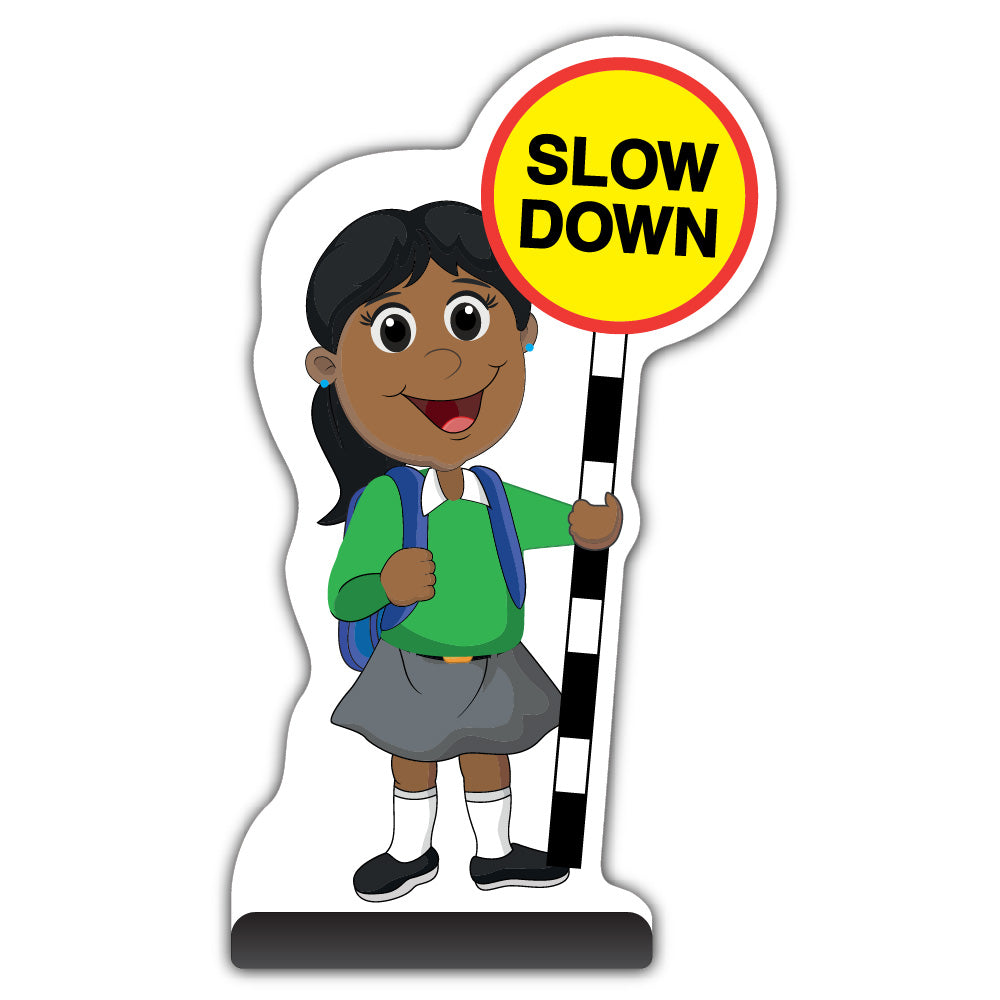 School Kid Cut Out Pavement Sign – Ruby – Slow Down – Green Uniform