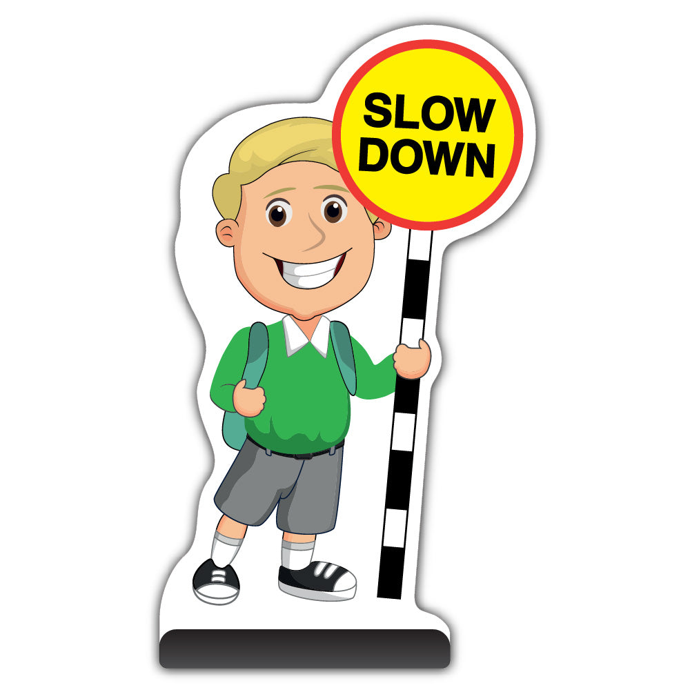 School Kid Cut Out Pavement Sign – Finn – Slow Down – Green Uniform