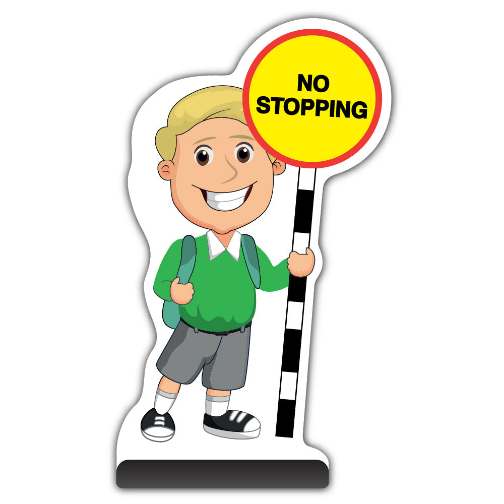 School Kid Cut Out Pavement Sign – Finn – No Stopping – Green Uniform