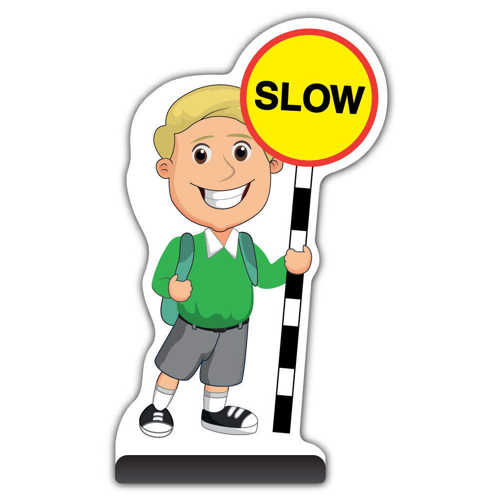 School Kid Cut Out Pavement Sign – Finn – Slow – Green Uniform