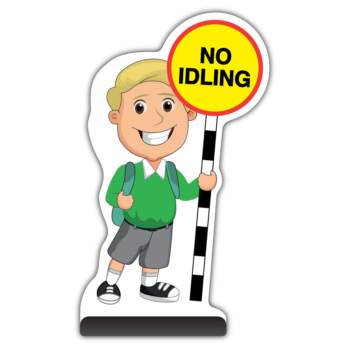 School Kid Cut Out Pavement Sign – Finn – No Idling – Green Uniform