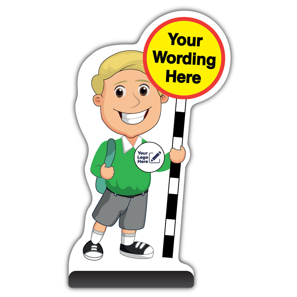 Custom Kid Cut Out Pavement Sign – Finn – Green Uniform – Add Your Logo